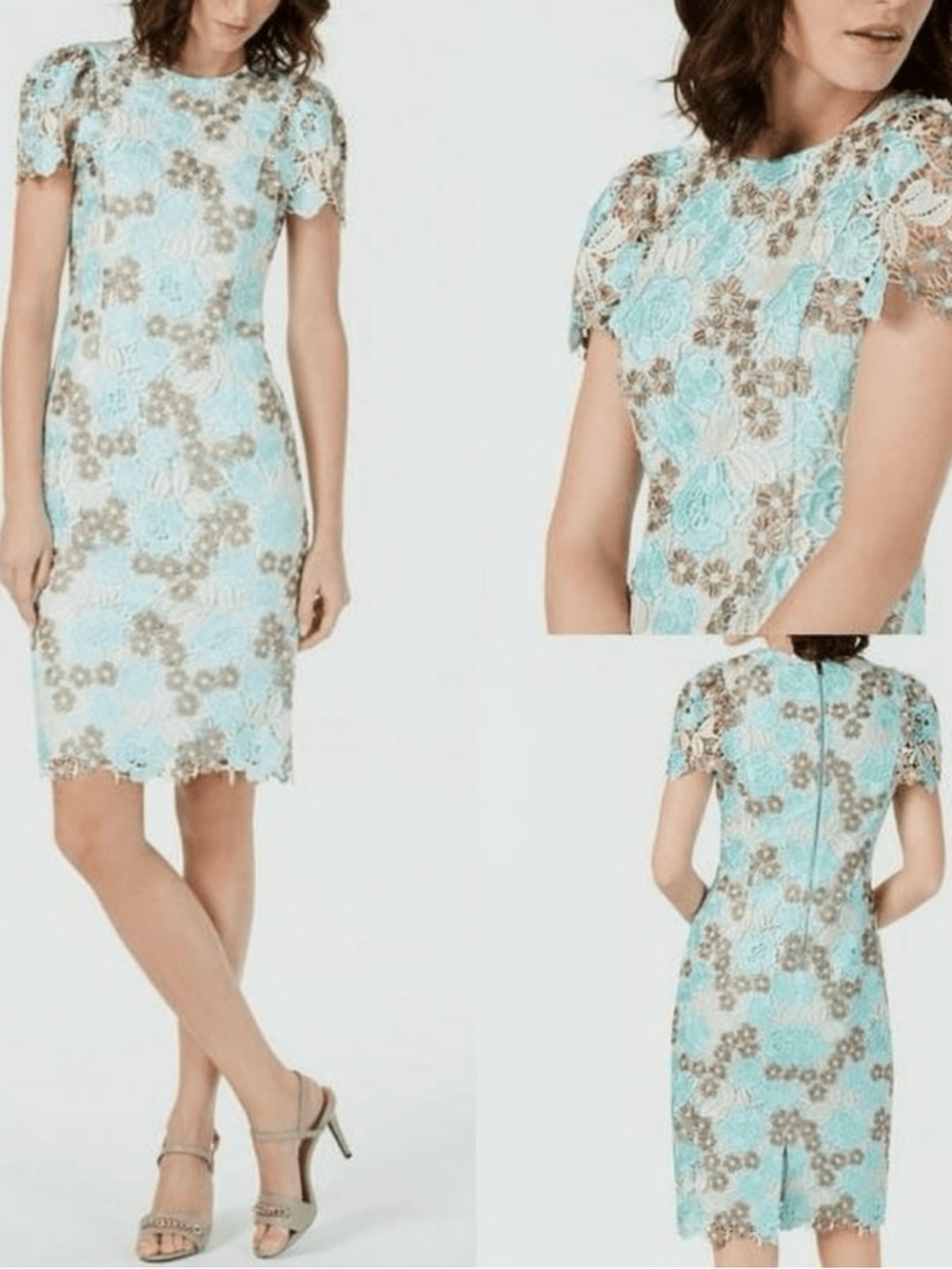 Calvin Klein Aqua & Taupe Floral Lace Midi Dress